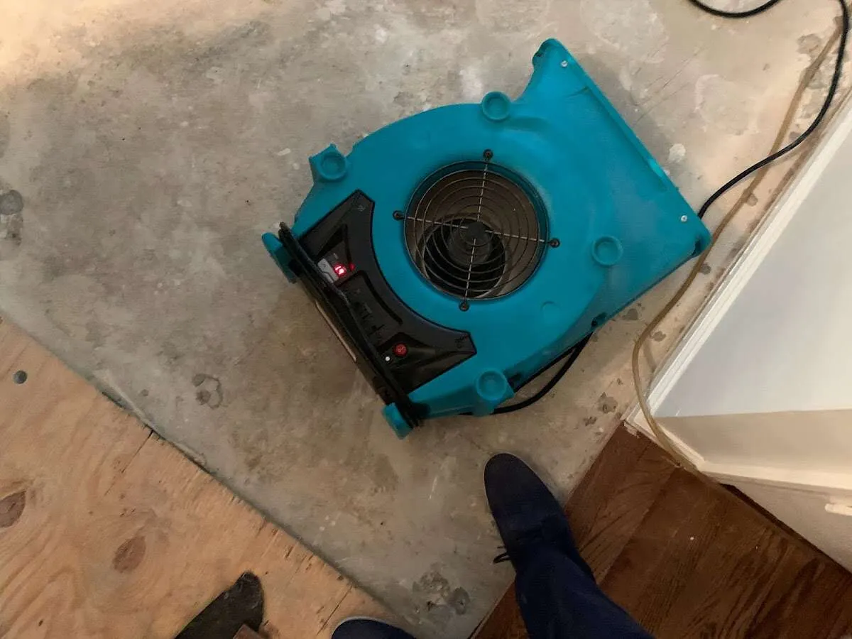 Air mover drying subfloor during Leak Detection & Repair in Baltimore